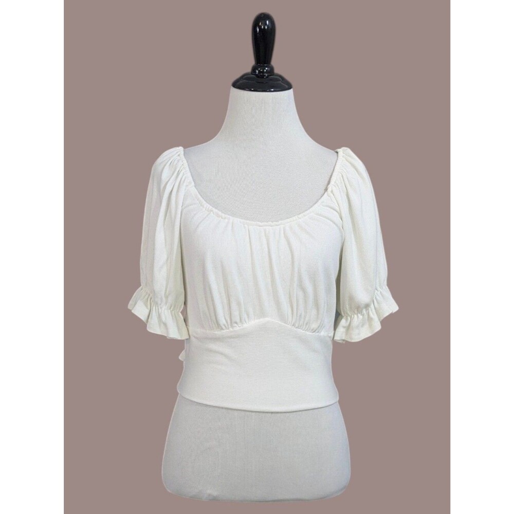 Listicle Stretchy Ribbed White Cropped Tie Blouse - Size XL Womens